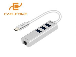מתאם בחיבור USB-C הכולל 3 כניסות USB3.0 וחיבור רשת LAN RJ45
